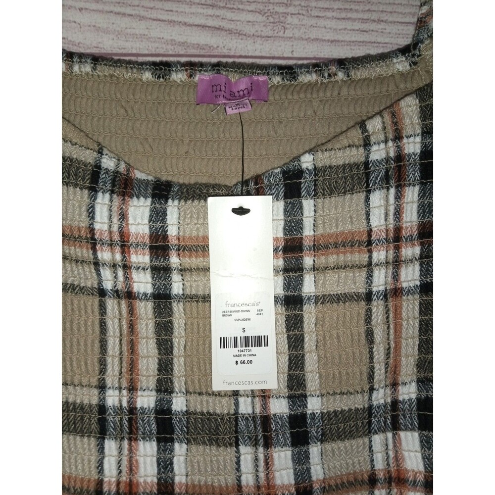 Francesca’s Miami Dress Women's Size Small Square Neck Ruffle Plaid Brown Min - Picture 2 of 5